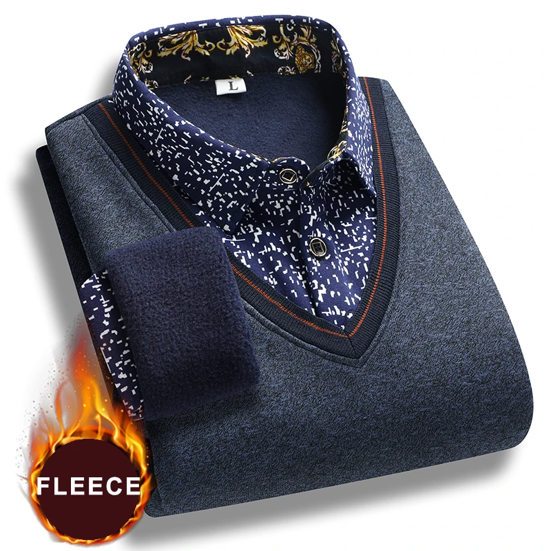Men's Polo Neck Pullovers Autumn Winter Polo Sweater Lapel Fleece Warm Top Clothes Casual Jumpers view 2