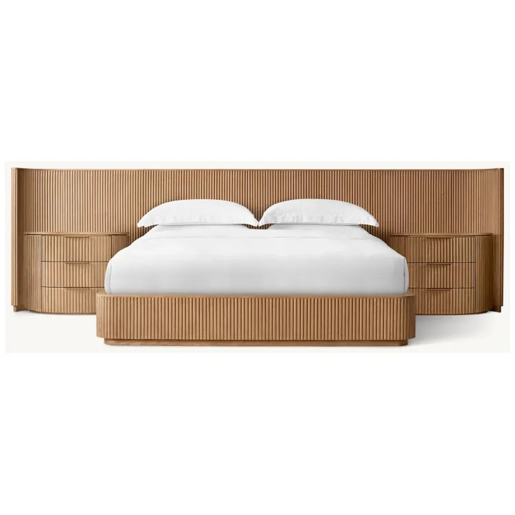 Hotel Bedroom  Furniture Classical Counterpoint Vertical Reeding Wood Solid Oak Bed Set