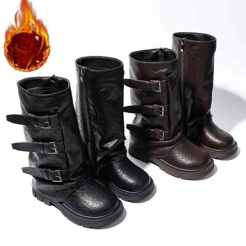 

Children Boots Brand Designer Metal Buckle Knee High Boots for Girl Side Zipper Long Booties Thick Sole Round Toe Kids Shoes