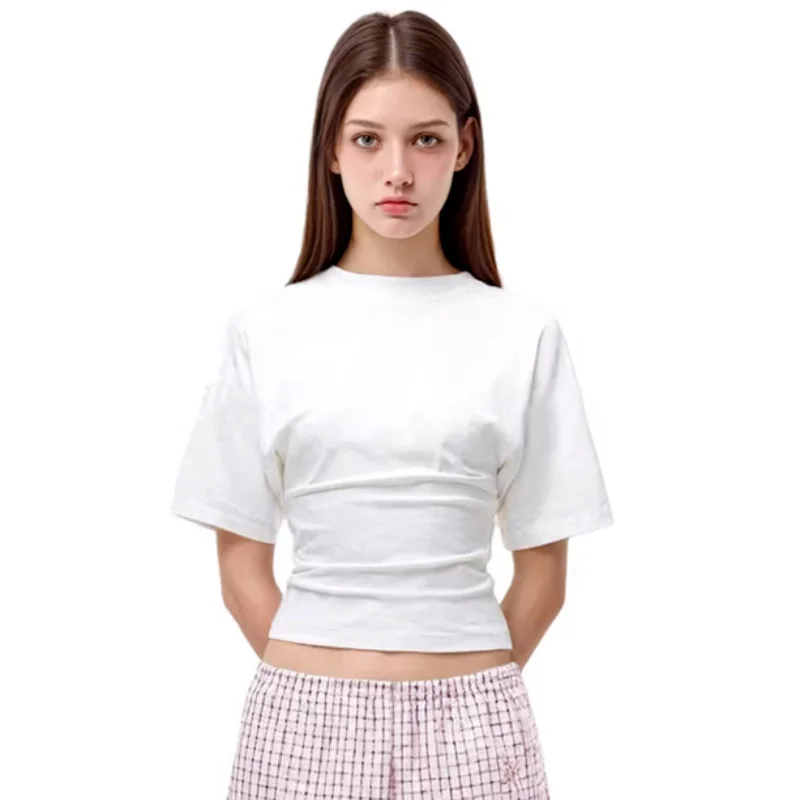 Simple Ins Style  Color round Neck Waist Cinched Five Sleeve T Shirt Women's Sport Dancing Casual Top Polyester Fiber