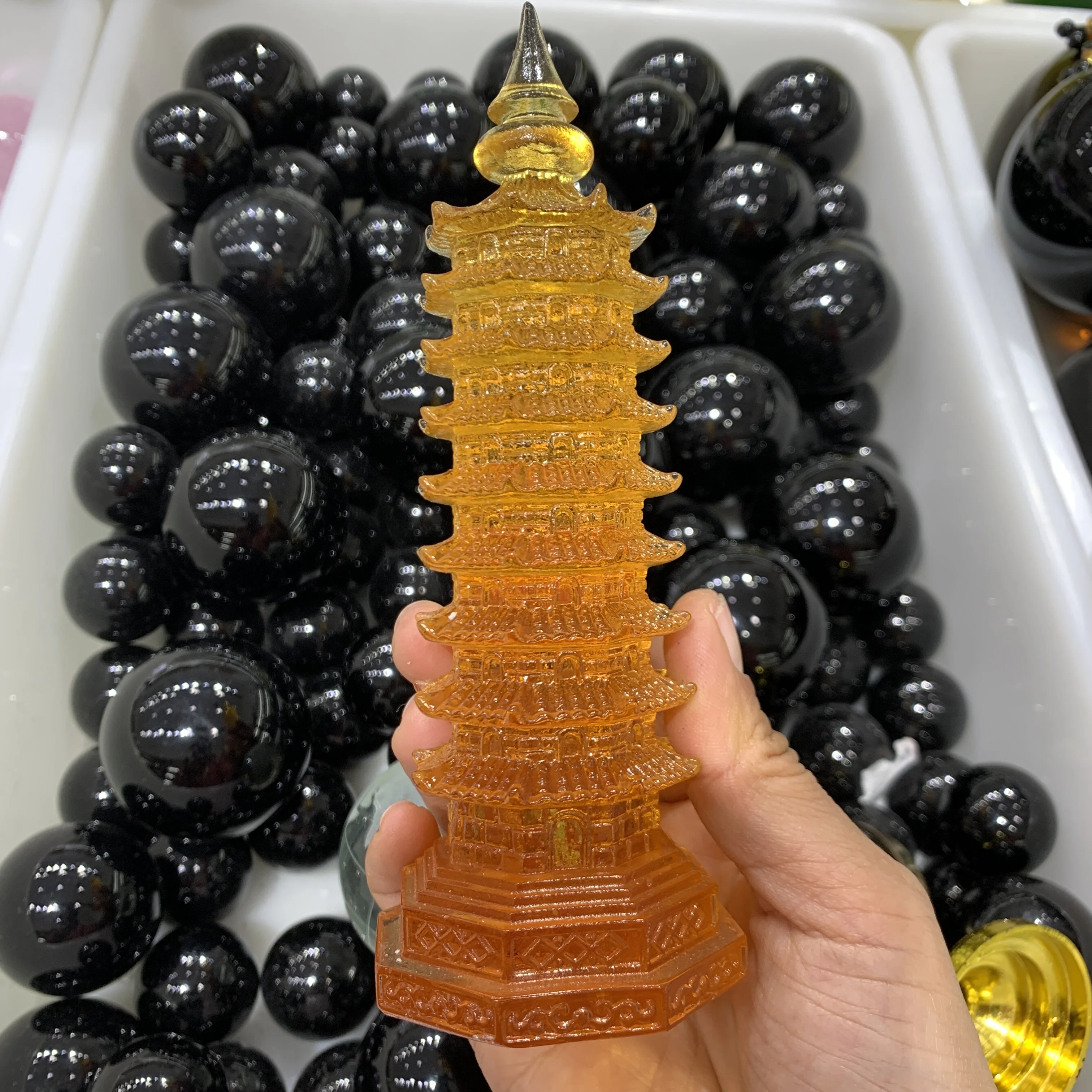 15cm Yellow glaze pagoda point carved glass crystal wenchang tower energy chakra crystal healing