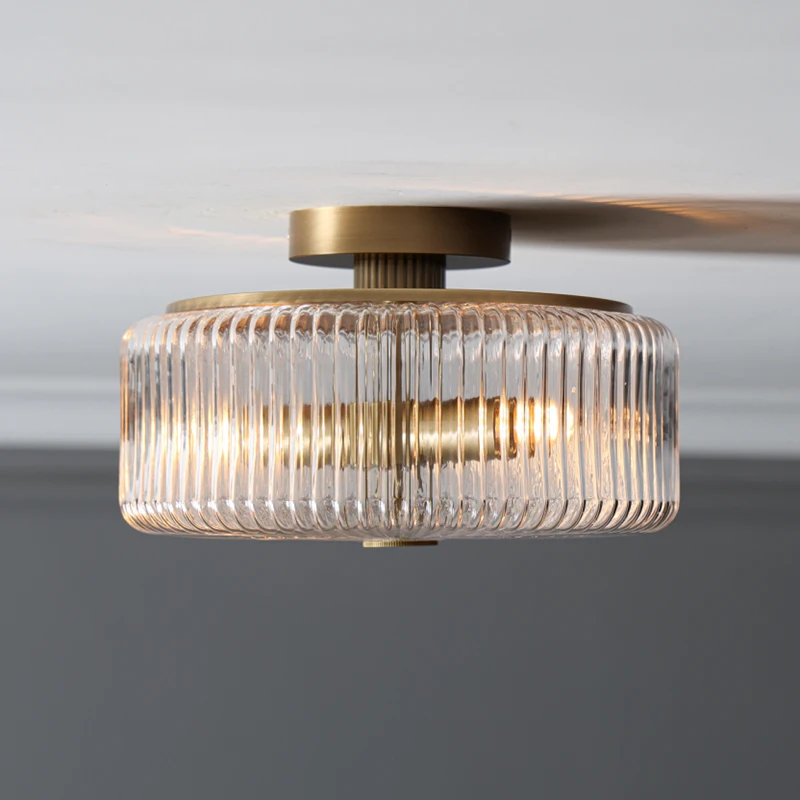 Entryway round ceiling light vintage American style bedroom hallway minimalist brass balcony insect-resistant ribbed lighting