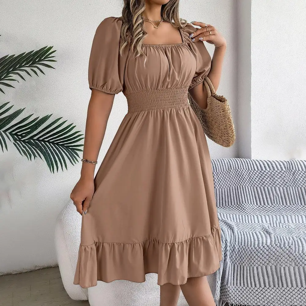 

Pleat Detail Dress Solid Color Dress Elegant Square Neck A-line Midi Dress with Ruffle Patchwork Detailing for Women for Dating