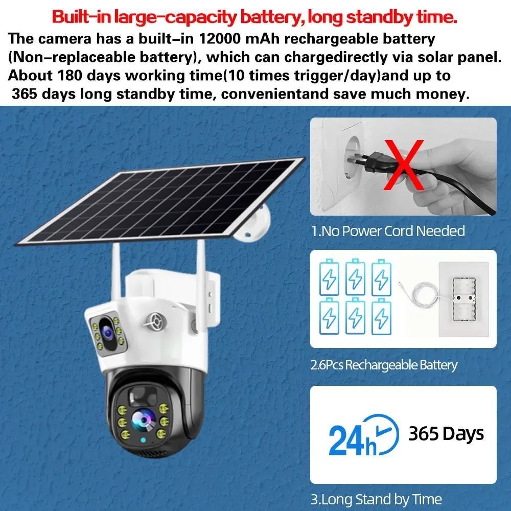 4K 4G Sim Solar Wireless Surveillance Camera Outdoor CCTV PTZ Camera PIR Human Detection Color Night Vision Security Protection