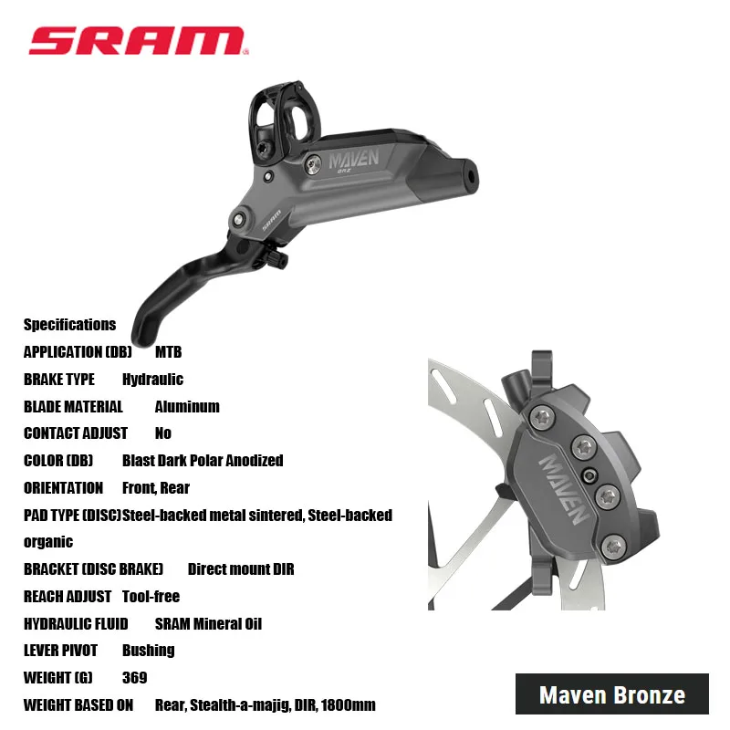 SRAM Maven Bronze Hydraulic Brake 18 and 19.5-millimeter pistons for best-in-class power Swinglink for signature SRAM lever feel