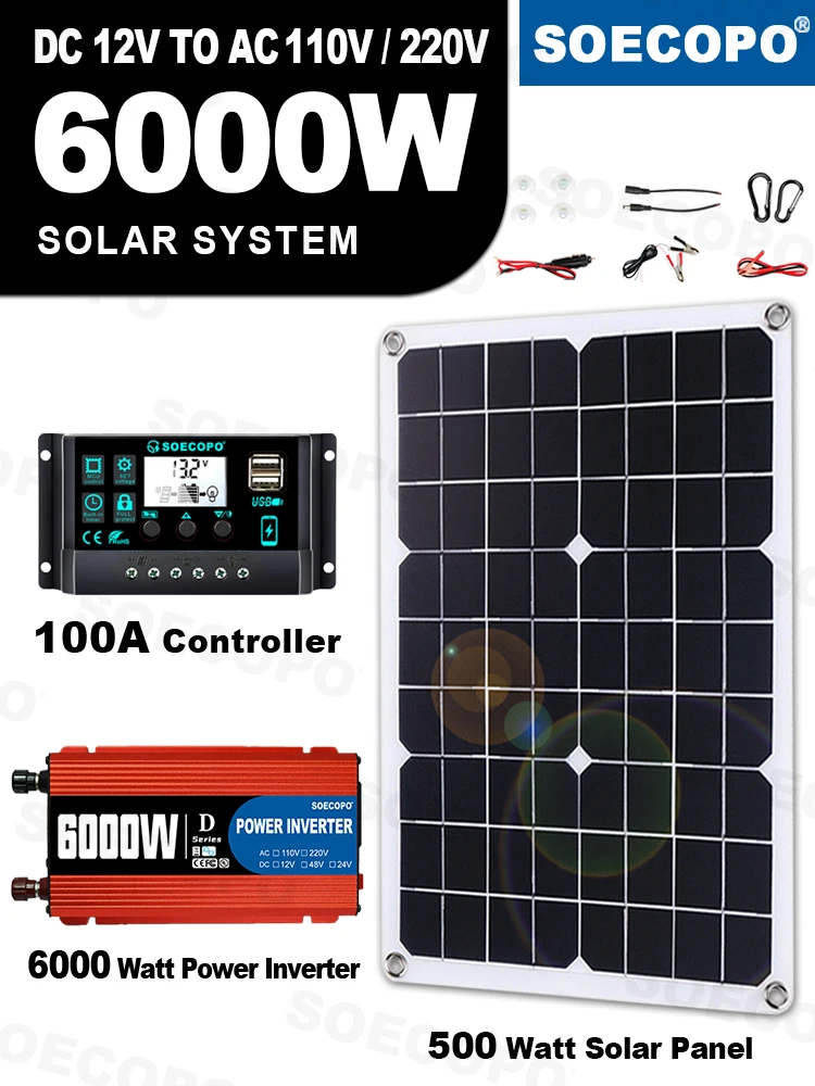 Complete Solar Kit-Solar Panel+650W/ 6000W Peak Inverter+Controller Plug&Play Off-Grid Power for Home& RV Energy Station