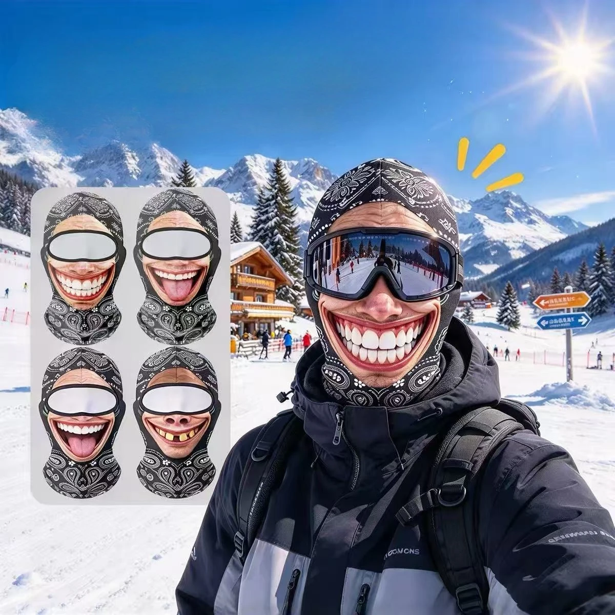 Funny Grinning Face Balaclava Paisley Full Face Cover Windproof Helmet Liner Neck Warmer Hood for Ski Cycling Halloween Cosplay