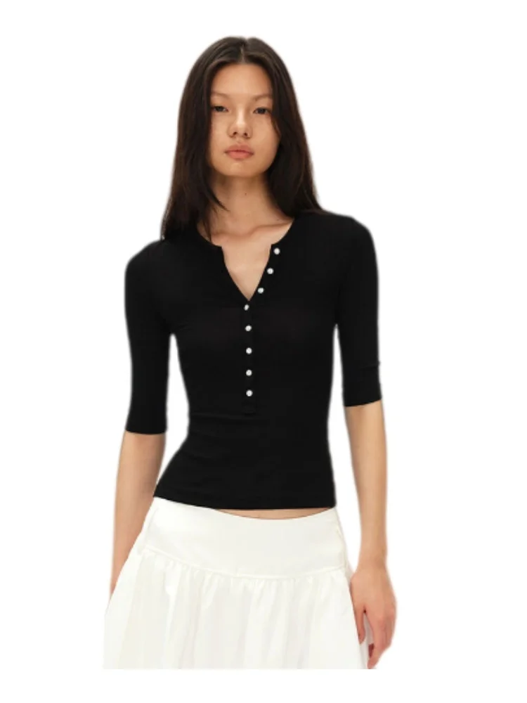 

Women Base Layers 2026 Spring Summer Women's Wool Henley Neck Half Sleeve T Shirt Slim Fit Half Sleeve Base Top