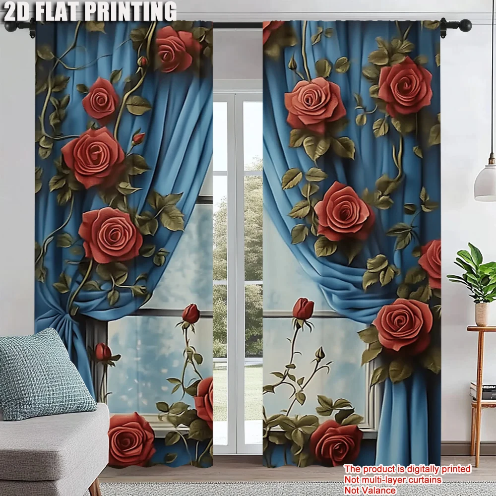 

2Pcs Red Rose Window Sill Print Curtains Suitable For Bedroom Living Room Kitchen Uv-Resistant Polyester Unique Design