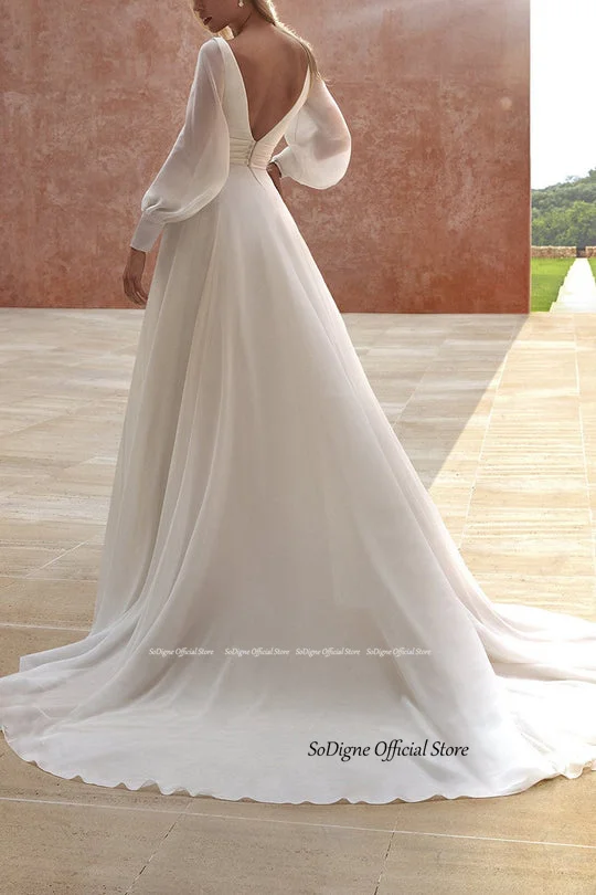 SoDigne-Robe de mariée simple en mousseline de soie, ligne A, col en V, manches longues, pour les patients, personnalisée, 2024