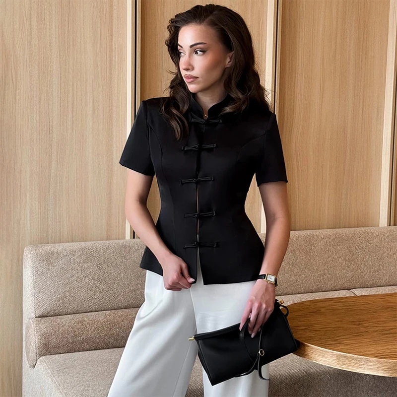 Trendix Button Cardigan Tops For Women Summer Solid Slim Short Sleeve Blouse Street Casual Party Vintage Office Commuter Top
