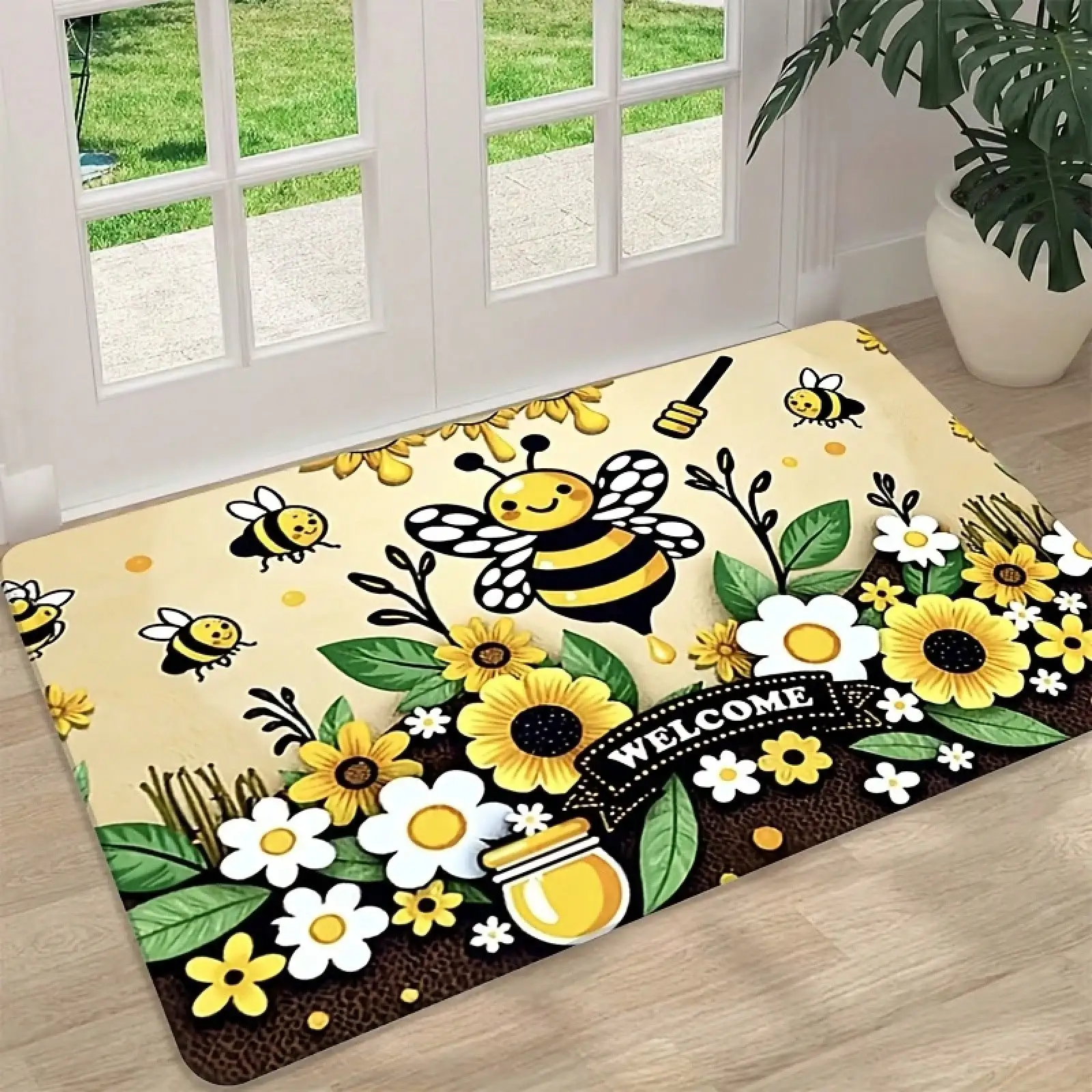 2D Flat Printing Ultra-Soft Flannel Welcome Honey Garden Style Door Mat, Cute Bee And Sunflower Print Non-Slip Carpet, Machine Washable Non-Fading, Suitable For