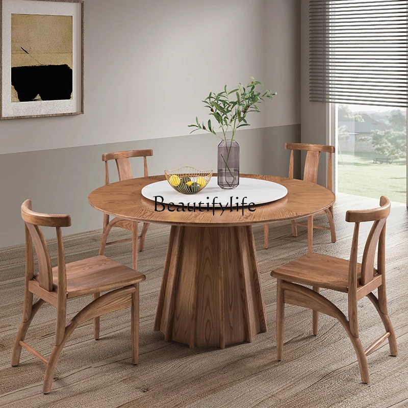 Solid Wood Dining Table and Chair Nordic Rotating round Band Turntable Dining Table