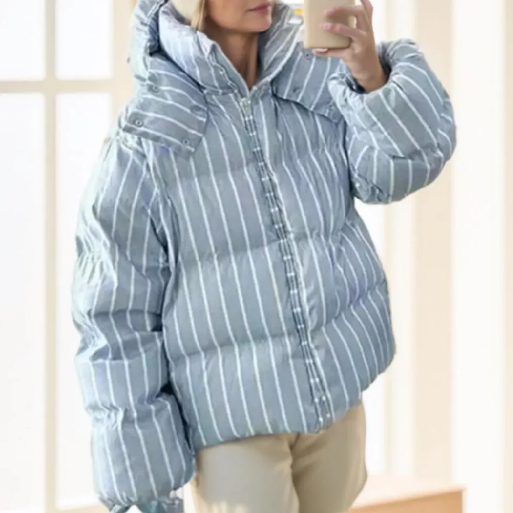 2025 Winter CHIC Women Stand Collar Contrast Color Stripes Parka Coat Removable Hooded Zip up Full Sleeve Bread Outerwear Coffee