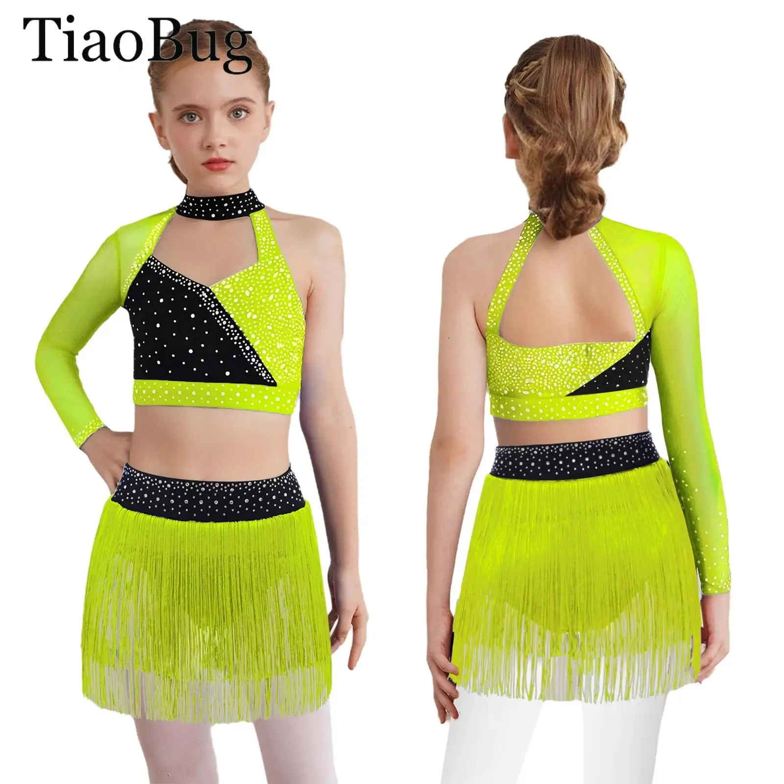 

Girls Lyrical Ballet Dance Outfit One Shoulder Long Sleeve Sheer Mesh Rhinestones Crop Top +Tassel Briefs Skirt Latin Dancewear