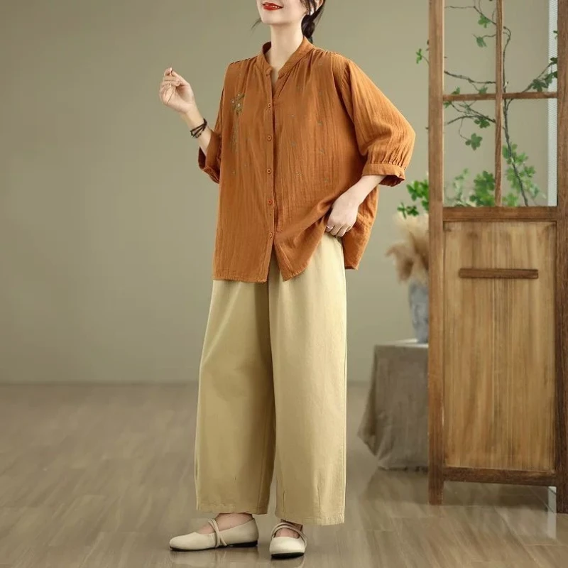 

Vintage Boho Embroidered Linen Cotton Blouse Casual Short Sleeve Shirt for Women Summer 2026