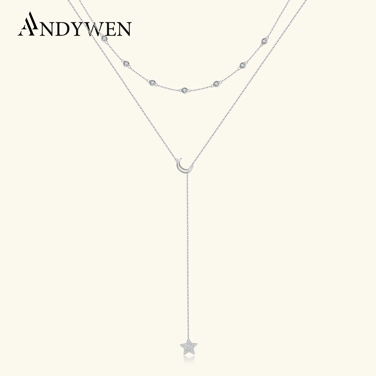 

ANDYWEN, двухслойное ожерелье из стерлингового серебра 925 пробы со звездой и луной, длинный кулон и циркон с цирконием, элегантный женский подарок на годовщину свадьбы