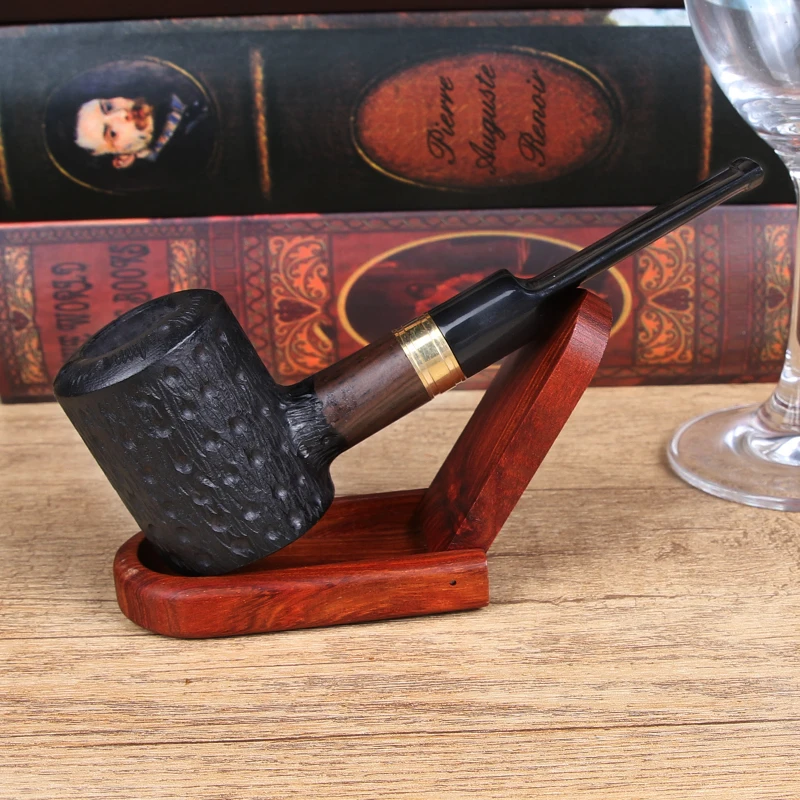 Ebony Wood Carved Straight Tobacco Pipe,Smooth Smoking Pipes,Wooden Tube with Decorative Ringh Gift for Smoker Fathers, 9mm, New