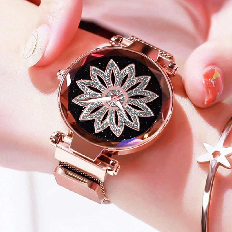 Fashion Women Starry Sky Magnet Buckle Watches for Women Flower Mesh Belt Quartz Wrist Watch Ladies Dress Watch relogio feminino