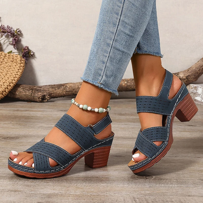 2025 Summer New Thick High Heel Sandals Women's Cross Band Fashion Beach Sandels Hook Loop Anti-Slip Platform Sandalias De Mujer