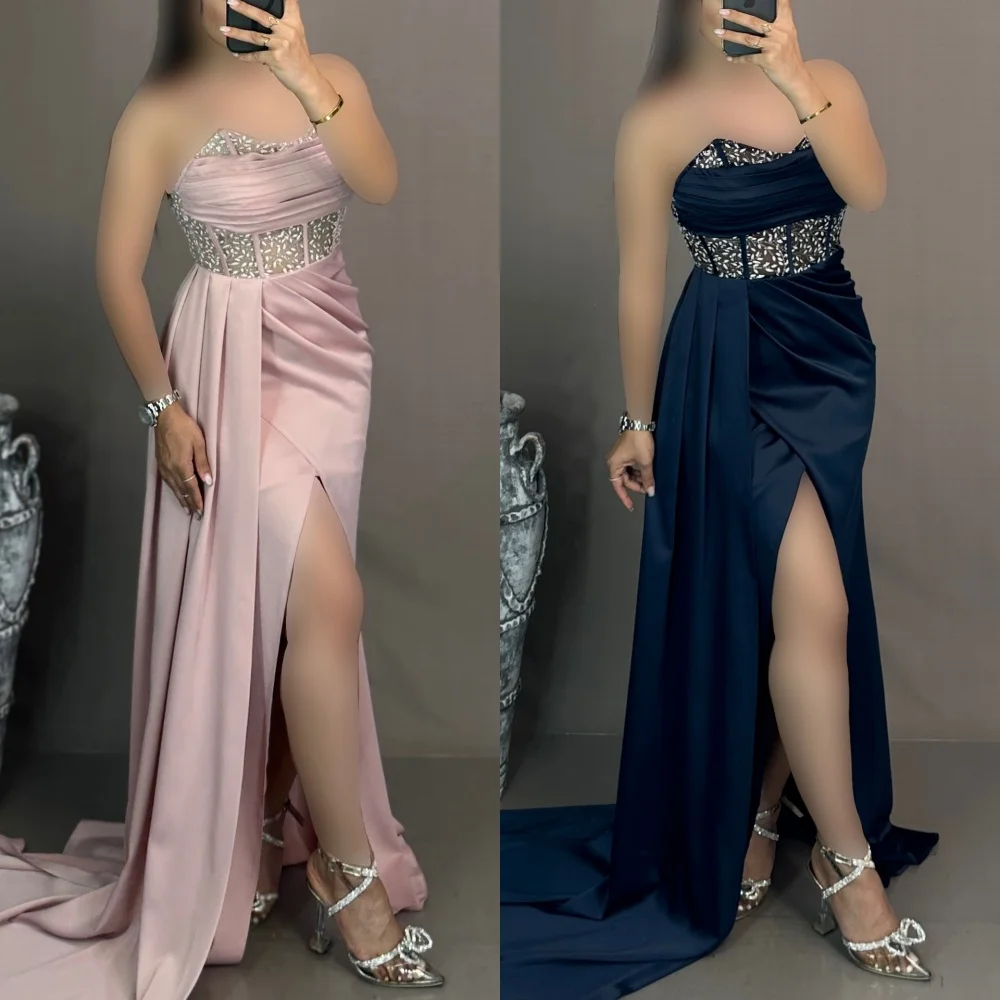 

Customized Sexy Retro Rhinestone Pleat Draped A-line Strapless Long Dresses Bespoke Occasion Dresses Exquisite High Quality