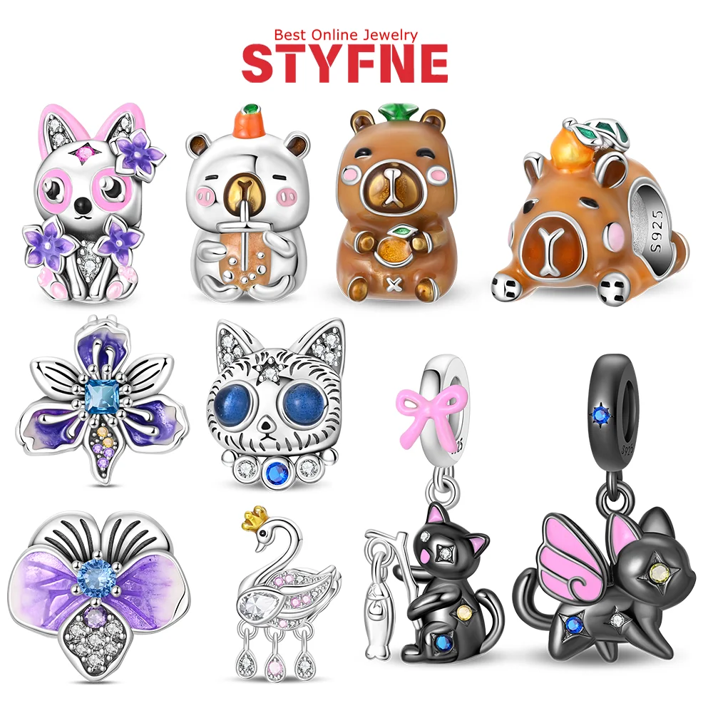 

Original Charms 925 Silver Cute Pet Series Fishing Kitten Swan Capibala Beads Pendants Fit Bracelet Women Party Jewelry Gift