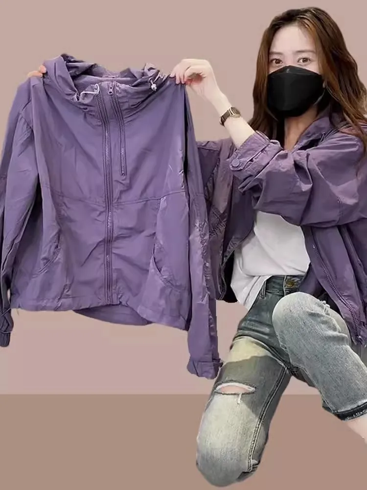 

Lightweight Breathable Purple Long Sleeve Summer New Short Coat Women's Fashionable Commute Style Loose Fit Sun Protection Ou...