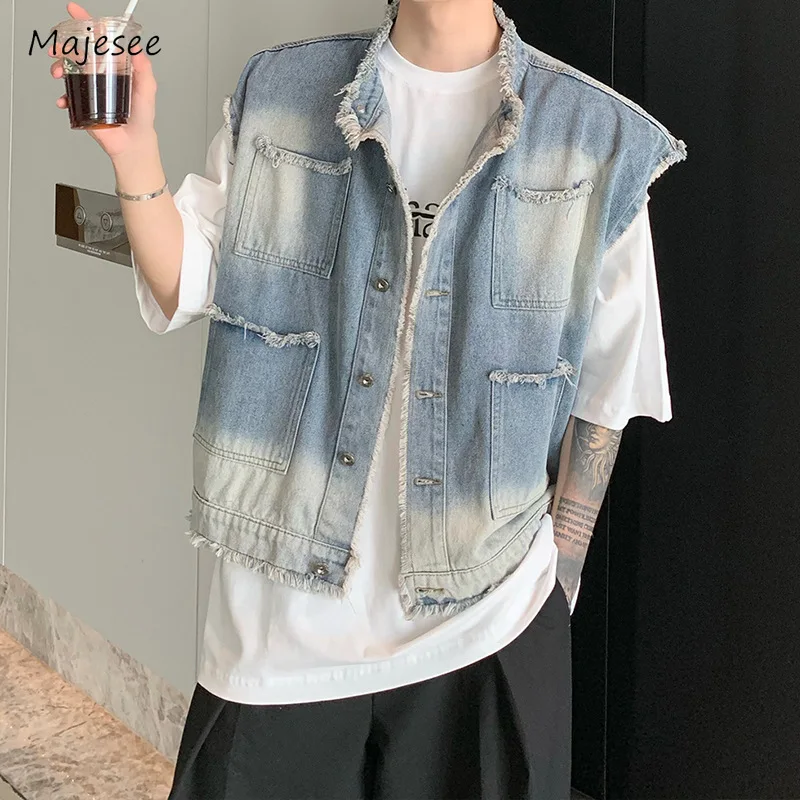 

Ripped Denim Vests Men Bleached Do Old Loose Teenagers American Style Retro High Street All-match Stylish New Leisure Hipster