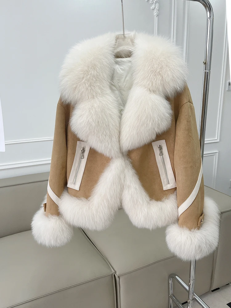 New Fashion Women\'s Winter Natural Fox Fur Collar Goose Down Jacket Short Puffer Jacket Coats  Thick Suede Outerwear Overcoat