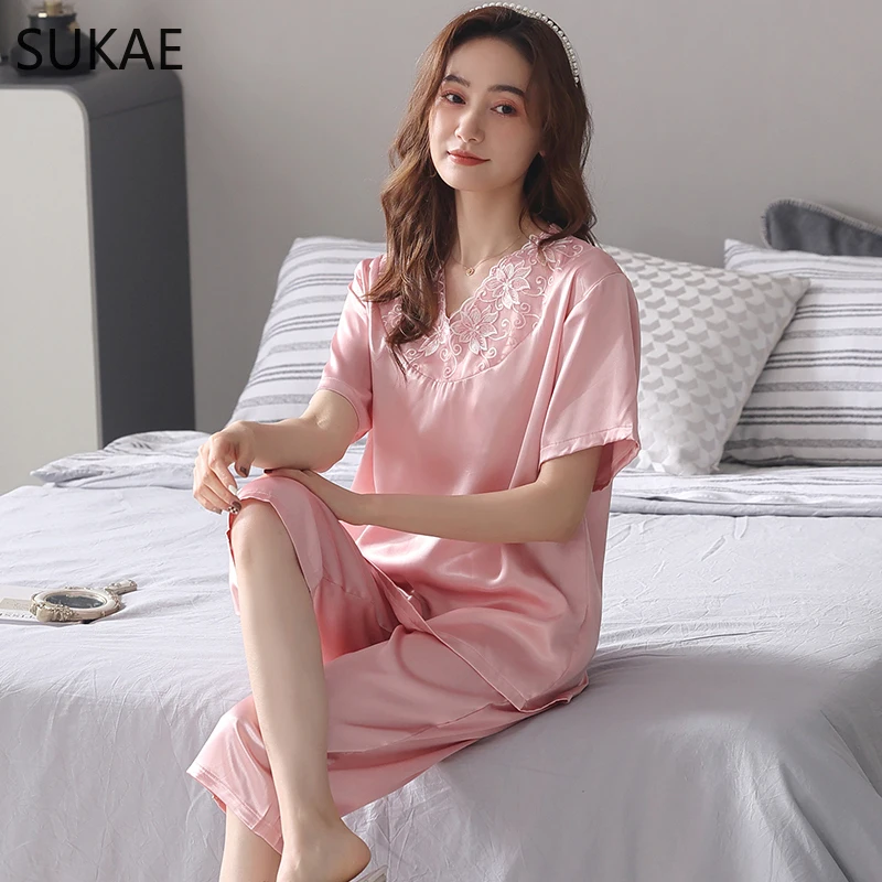 SUKAE Big Size Luxury Lace Silky Sleepwear Women Pijama Mujer Polyester Nightwear M-4XL Satin Silk Calf-length Women Pajama