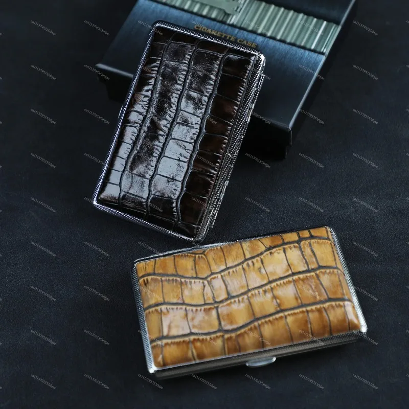 Genuine Leather Cigarette Case Crocodile Pattern Holds 20 Slim Cigarettes Portable Gift Box for Men Business Holiday Present