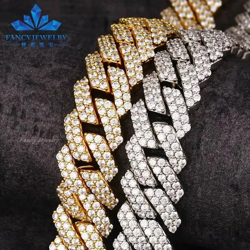Fashion Pass Diamond Tester GRA Moissanite Diamond 8mm-15mm Wide 2Rows 925 Solid Silver Cuban Link Chain for Rapper Hip Hop Neck