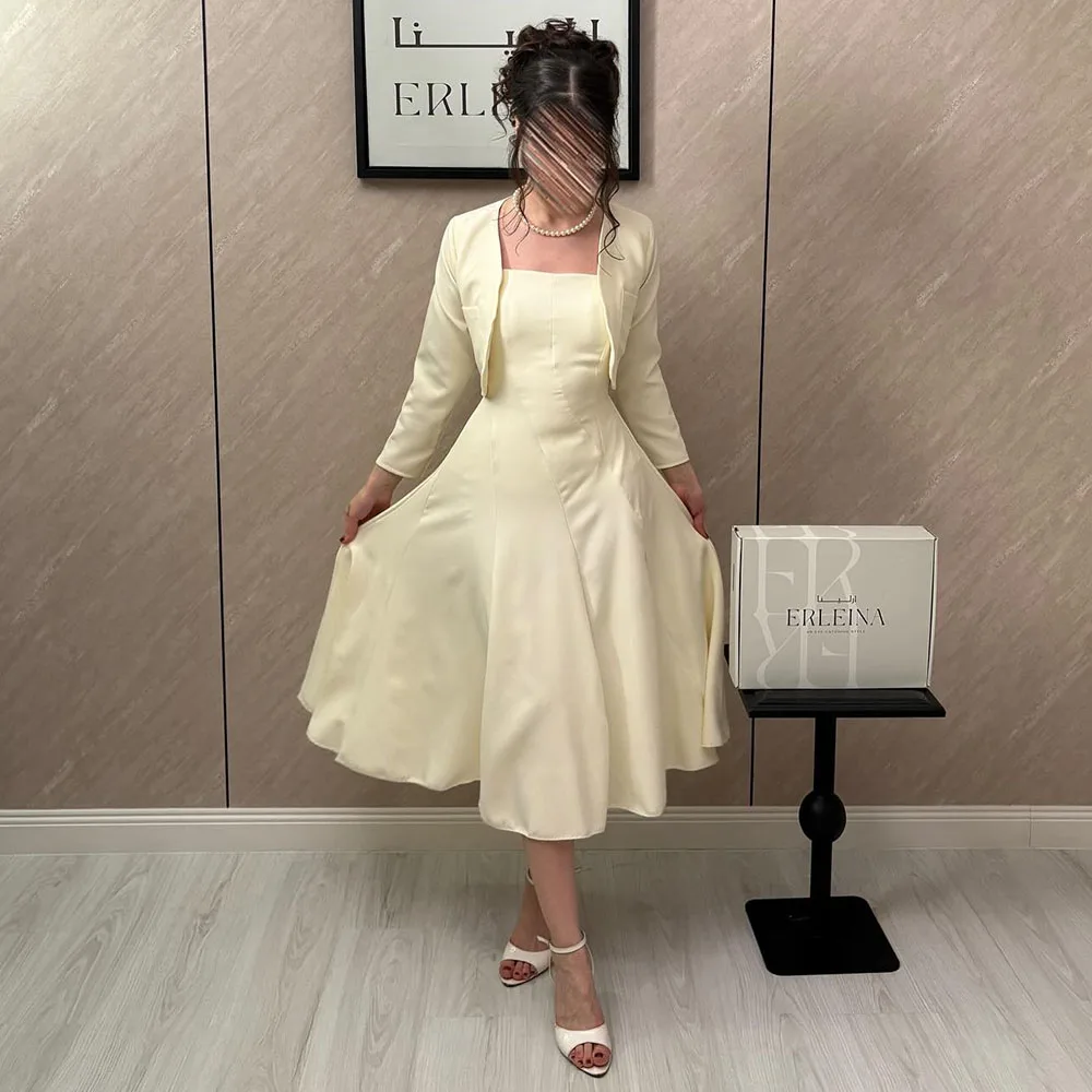 

Elegant Cream Color Tea Length Evening Dresses with Detachable Jacket Dubai Customized Women Jersey A-Line Wedding Party Gowns