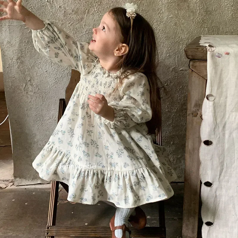 2025 New Autumn Sister Dress Kids Princess Dresses Long Sleeved Cotton Flower Print 2-6Yrs Girl Party Dress Baby Girl Romper