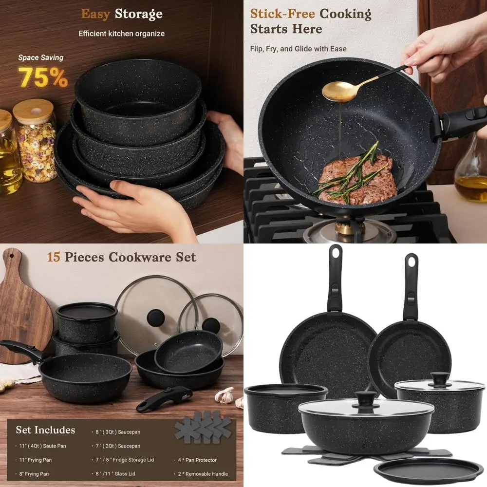 

Nonstick 15-Piece Pots and Pans Set with Detachable Handles, Oven-Safe, Induction Compatible, Stackable Cooking Tools, Black