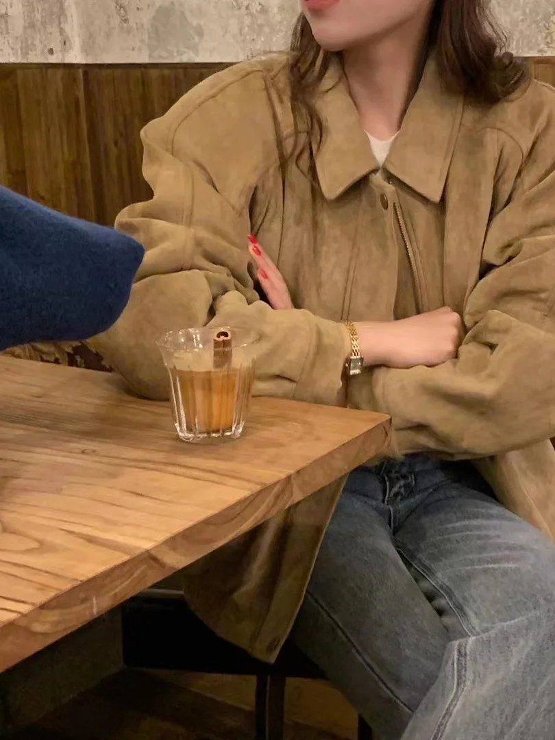 Retro Brown Leather Jaet Women's Loose Fit Faionable Motorcycle Coat Autumn Winter Warm Zipper Closure  Color