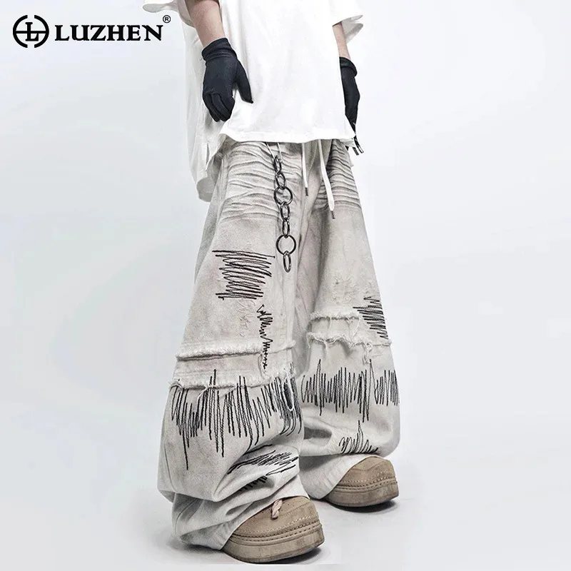 

LUZHEN Original Wornout Burr Edge Stripe Embroidery Baggy Wide Leg Casual Jeans Men's 2025 Casual Streetwear Denim Pants JY3456