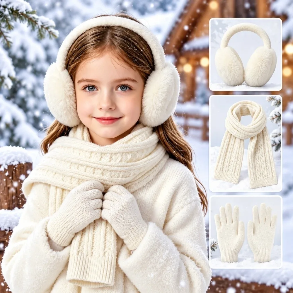 Solid Color Hat Scarf Gloves Set Windproof Warm Cozy Knit Scarf Gloves Set Cold-proof Winter Accessories Set Boys Girls 3-10Y