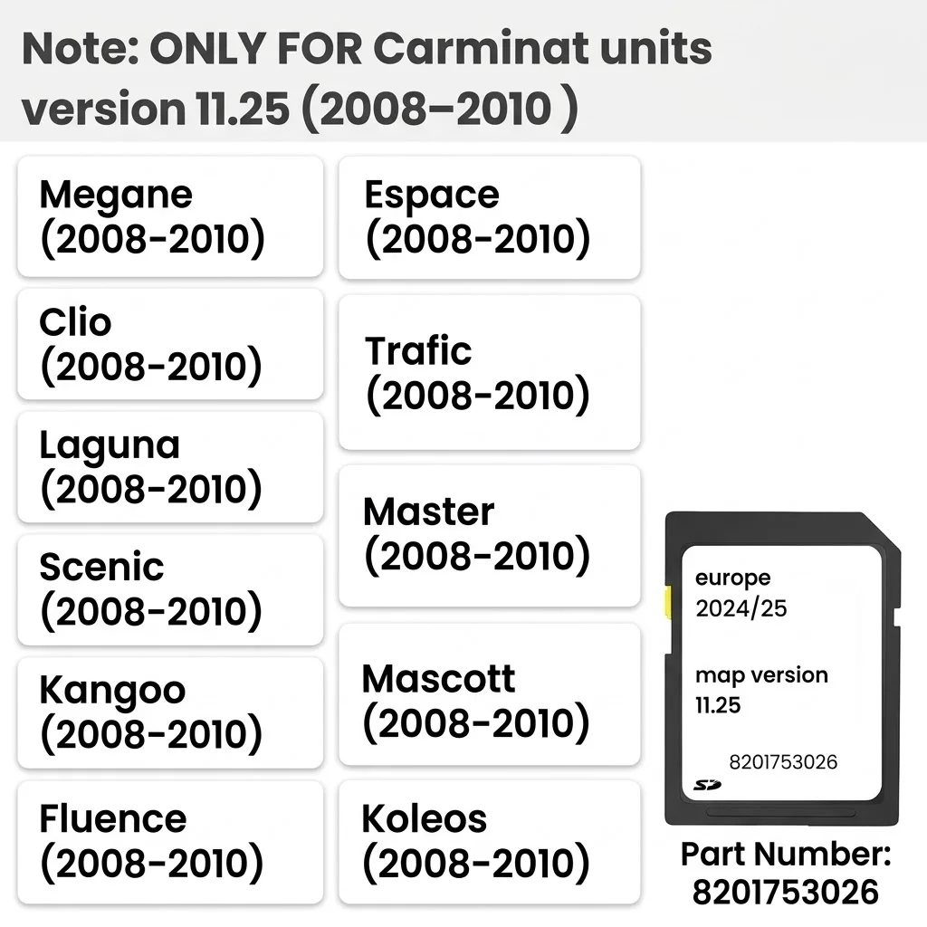 Compatible with Renault Carminat Navi SD Card Latest 2024/25 Europe Map V11.25 8201753026 for Megane Clio Laguna 2008-2010