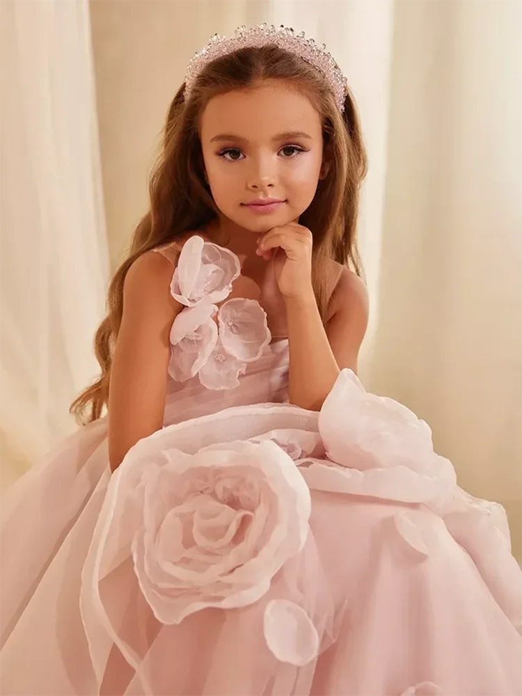 

Платье с цветочным узором для девочек на свадьбу, 3D цветочное розовое тюлевое пышное элегантное детское платье для первого принцессы, Евхаристии, дня рождения
