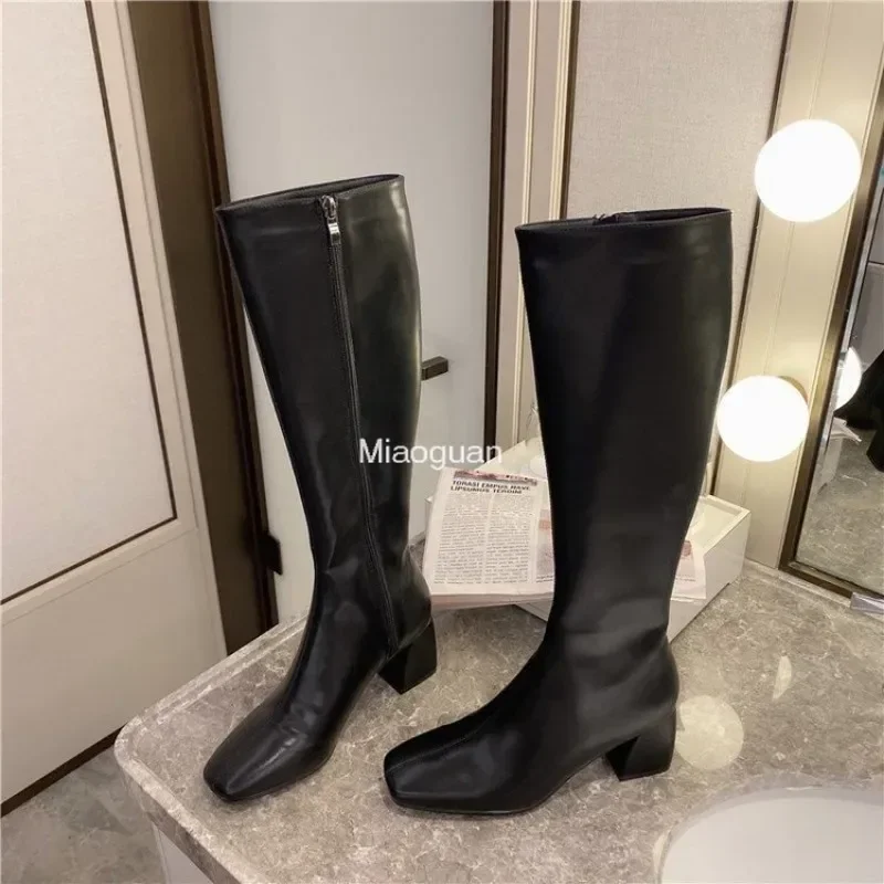 Women Warm Long Boots Woman Knee High Booties Ladies Shoes Platform Thick Heel PU Leather Soft Zipper Woman Fashion Winter 2023