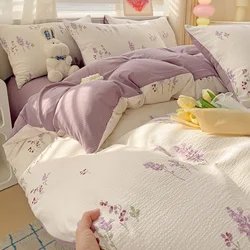 Purple Lavender Washed Cotton For Boys Girls Ins Korean Style with Flat Sheet Pillowcase No filler Queen Double Home Bed Linens