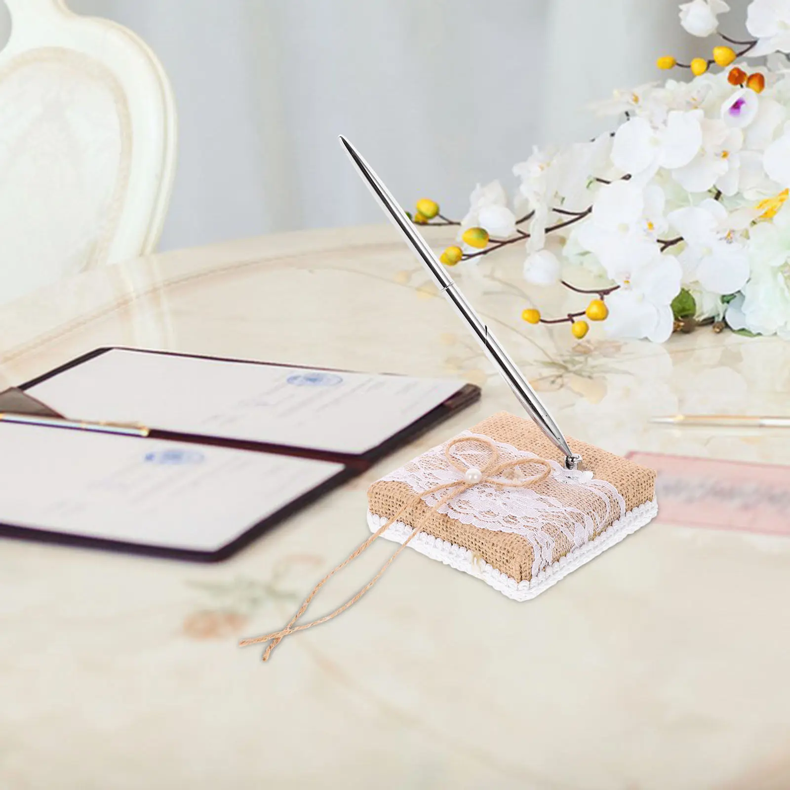 

Изысканная свадебная ручка из стали и льна, романтический декоративный стиль, компактная настольная ручка для подписи на банкетах и гостевых книгах