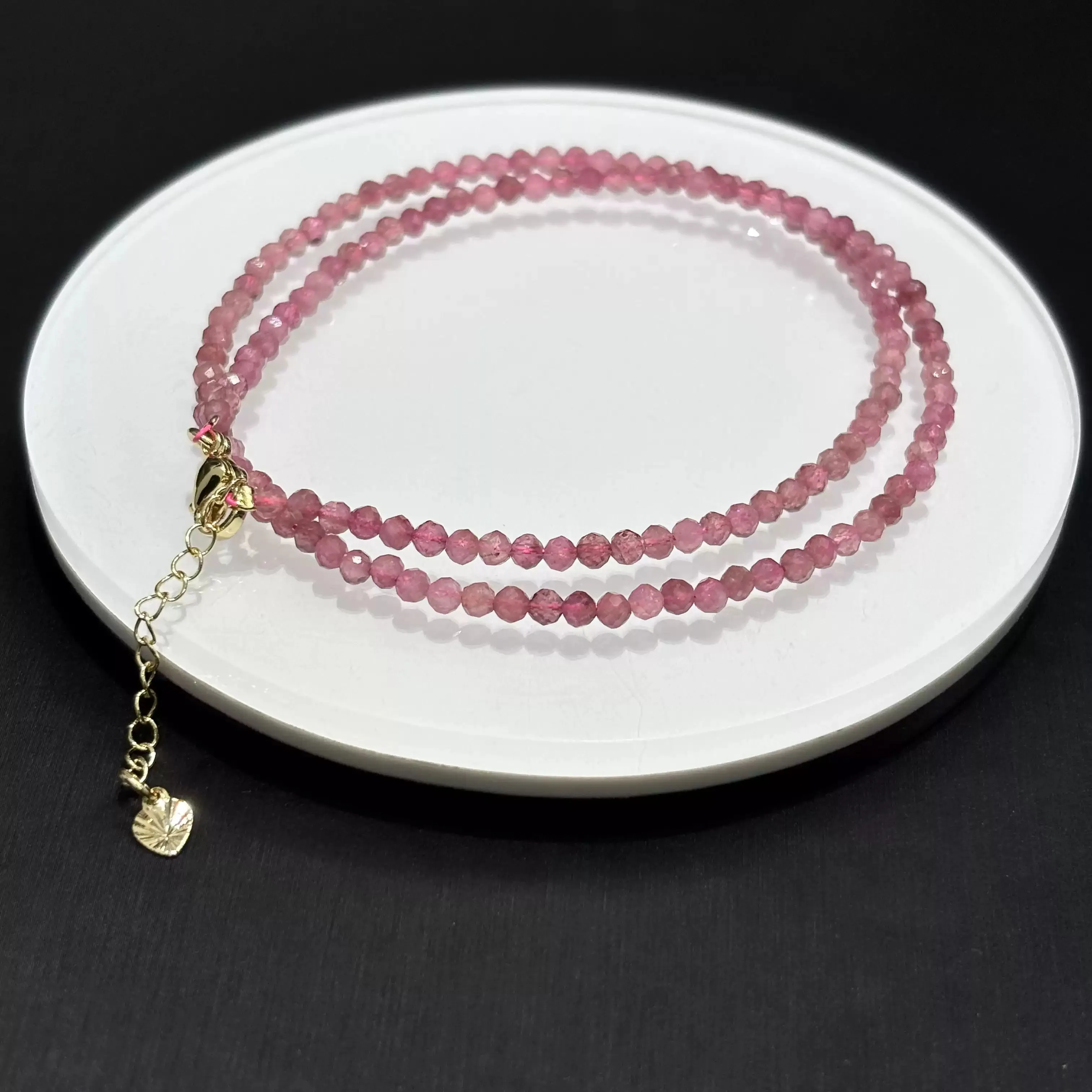 

Natural Pink Tourmaline Faceted Round Bead Double-Wrap Bracelet, Adjustable Chain with Gold-Tone Clasp and Heart Charm for Girl