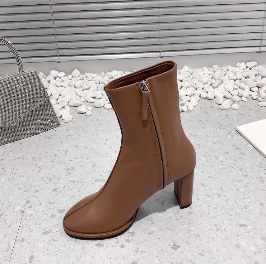 Autumn Winter High Heel Women Boots Beige Black Brown Leather Brand Name Consice Nude Bootie Side Zip Platform Dress Shoes