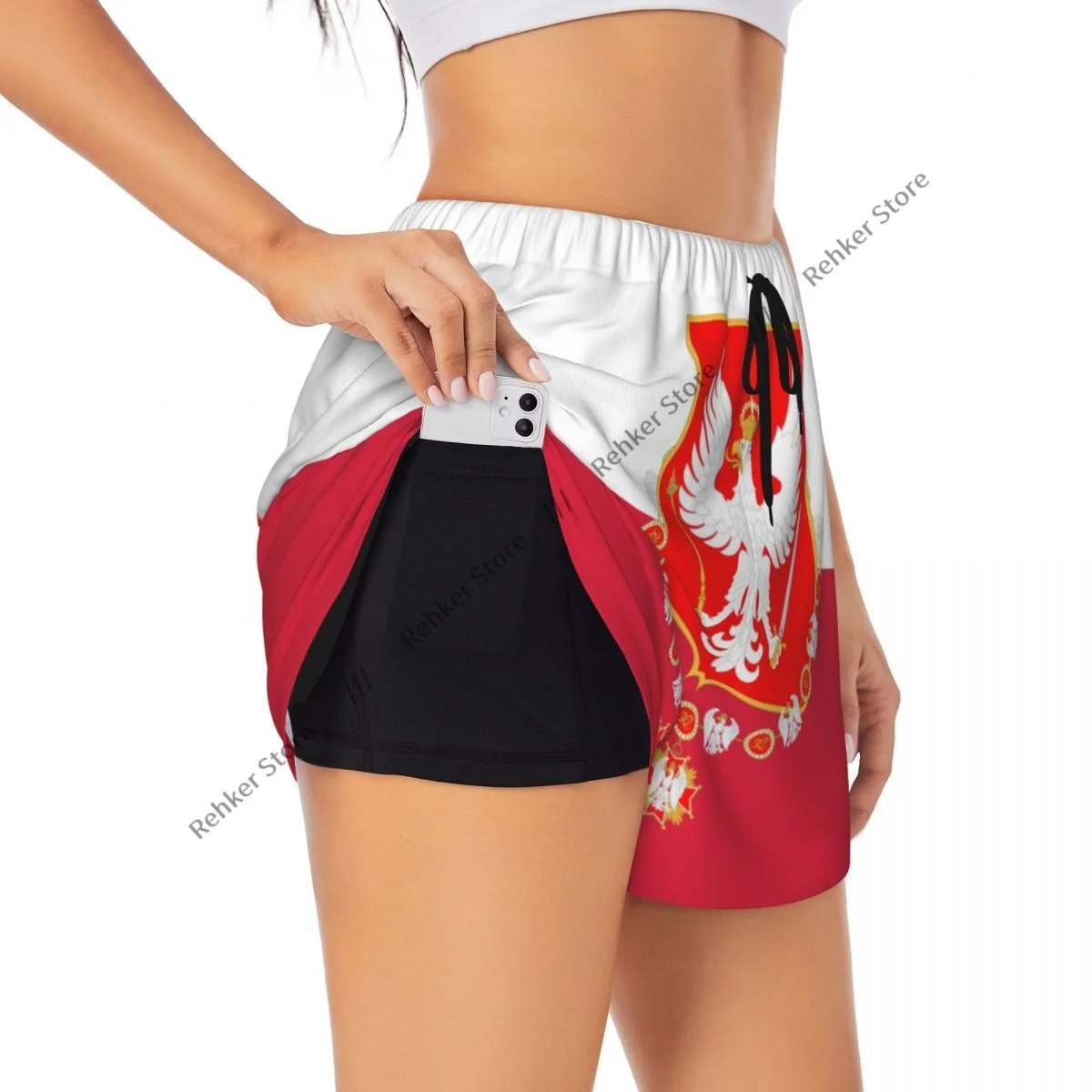 Flag Of The Kingdom Of Poland Women's Double Layered Quick-Dry Athletic Shorts for Outdoor Leisure Running Fitness Workout Sport