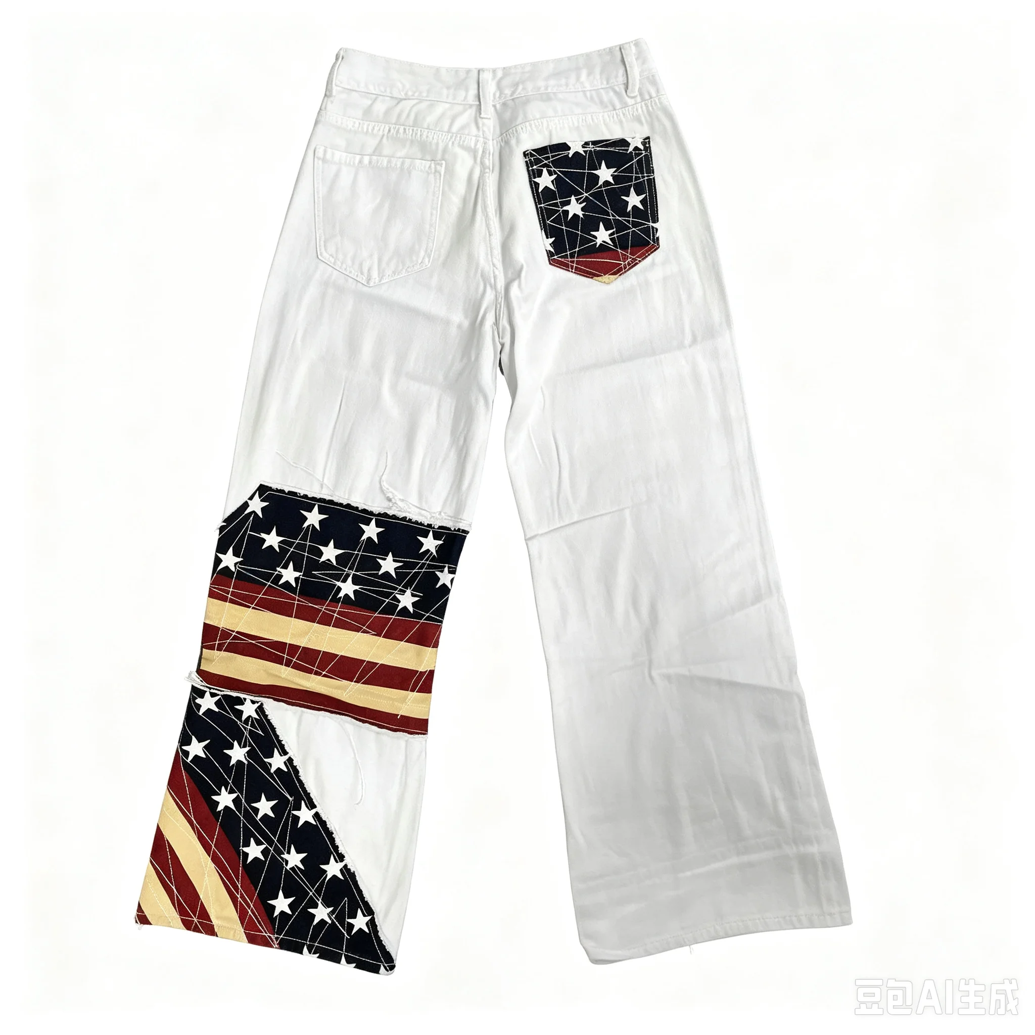 HOUZHOU Vintage Flag Patchwork Straight Jeans Women Y2K White Wide Leg Long Pants Female American Style Casual Baggy Pant