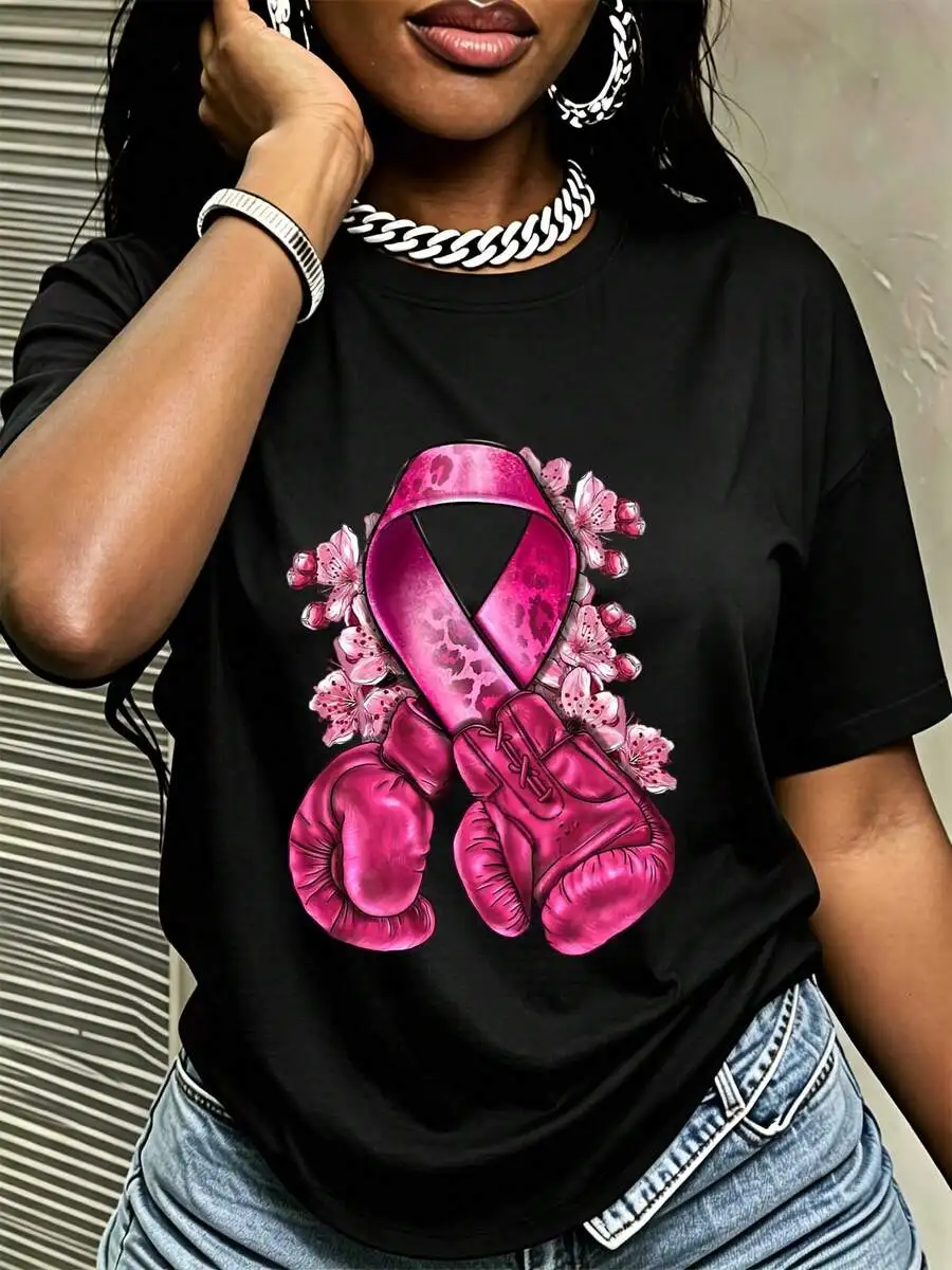 Women's Breast Cancer Awareness T Shirt Pink Ribbon Boxing Gloves Floral Print Short Sleeve Tee Top For Her Survivor Gift Idea