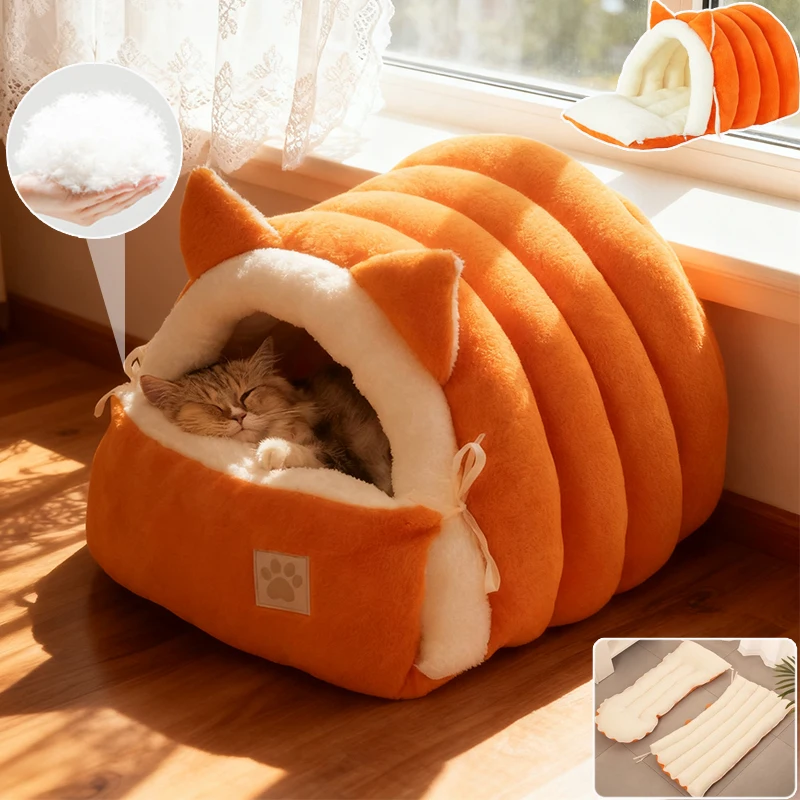 

1PC 2026 New Semi-enclosed Cute Pet Nest Soft Plush Cat Bed Foldable Removable Washable Puppy Cave Sofa Cat House Rascador Gato