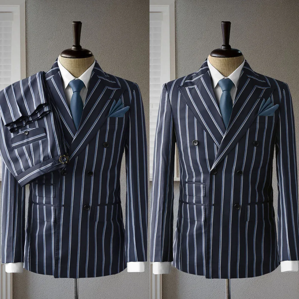 

Dark Blue Men Suit Tailor-Made 2 Pieces Blazer Pants Double Breasted Stripe Formal Business Causal Party Tailored